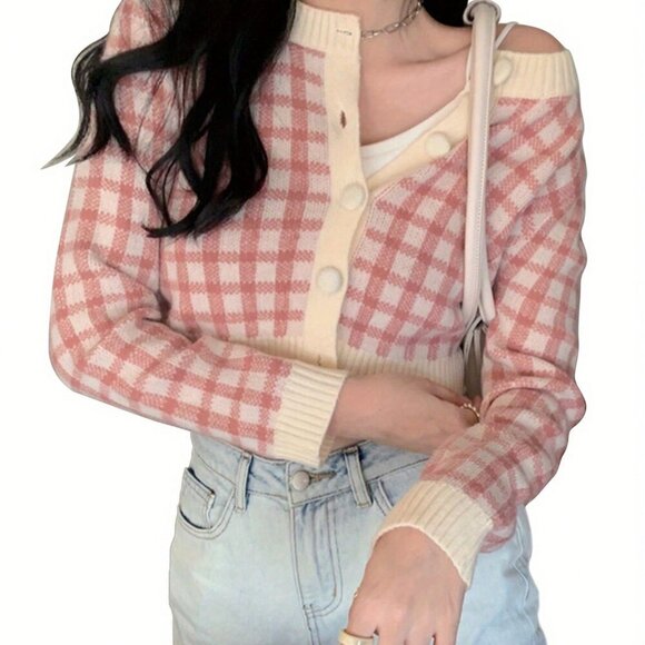 Pink Casual Women's Long Sleeve Button Down Plaid Slim Fit Cardigan - Picture 1 of 6